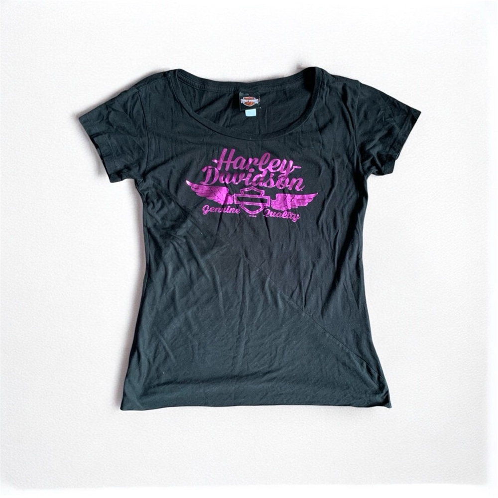 Harley Davidson Black Y2k Shirt Metallic Pink Print Short Sleeves Large